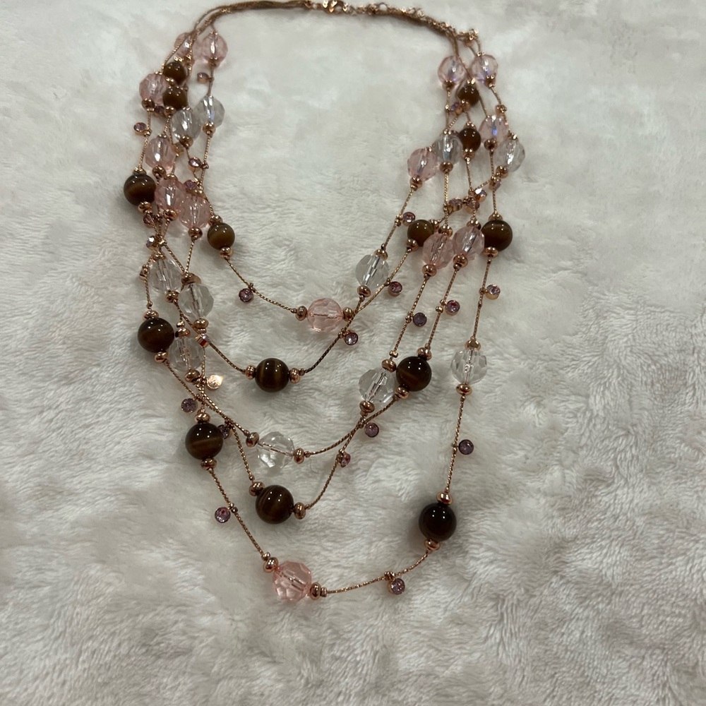 Chic Multi-Strand Pink and Brown Beaded Necklace